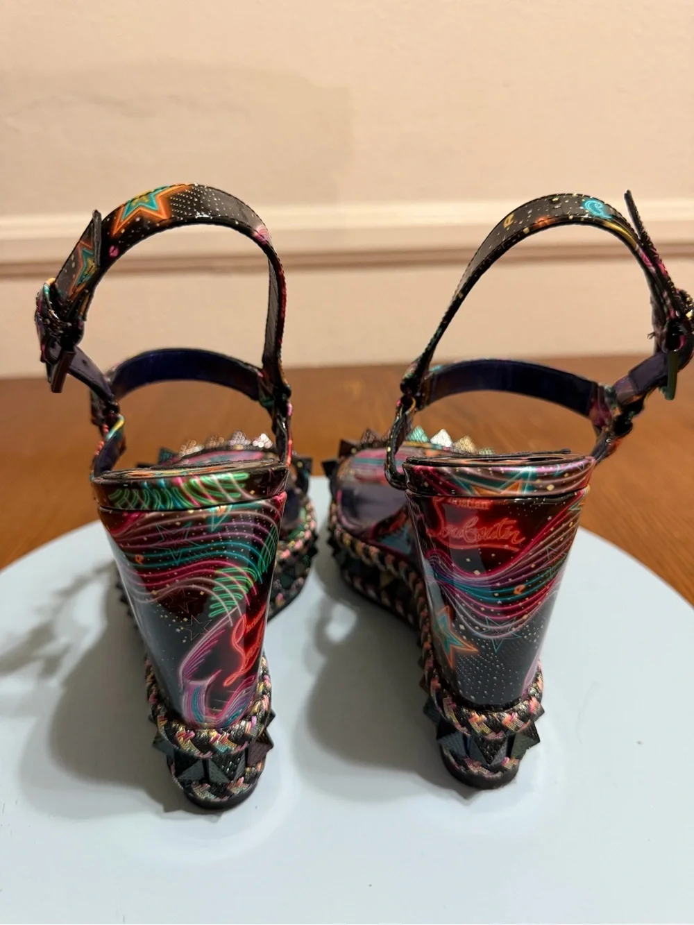 Christian Louboutin Black Multicolor Embellished Platform Wedge Sandals